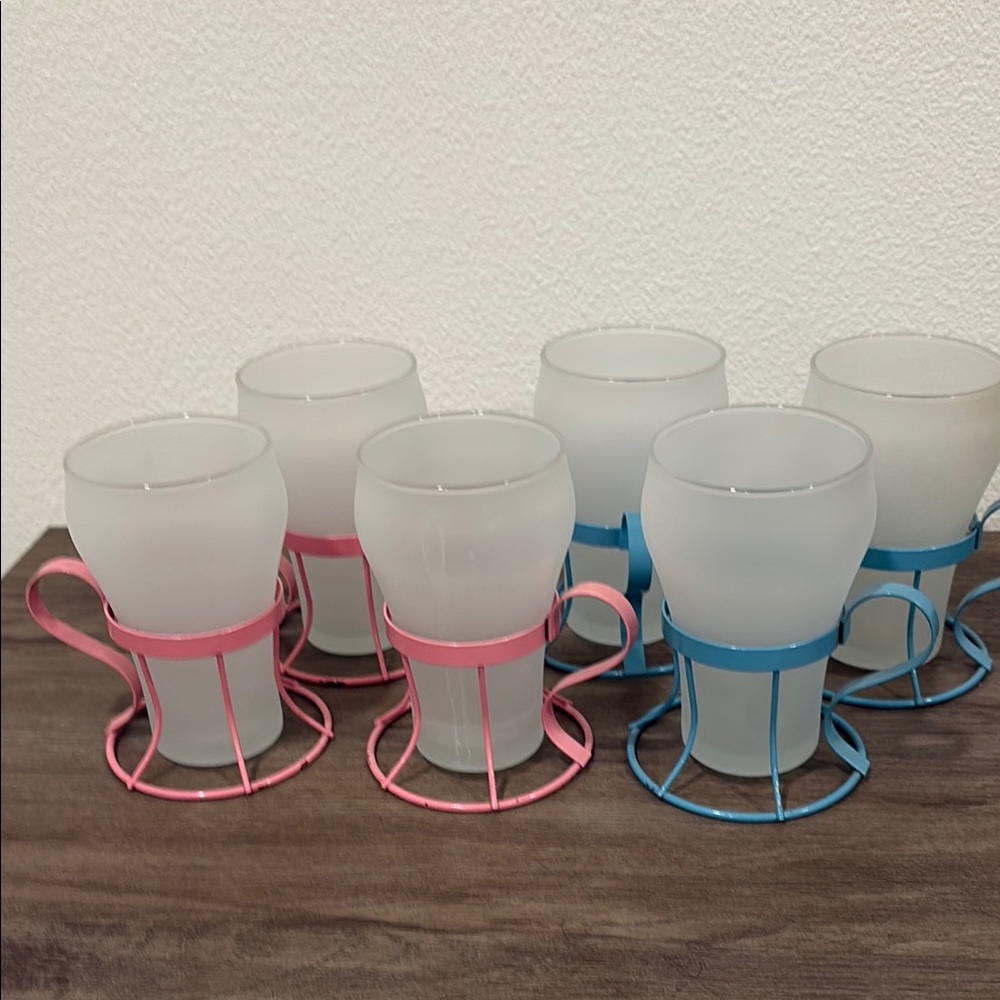 Anchor Hocking Frosted Glasses with Pink and Blue Holders